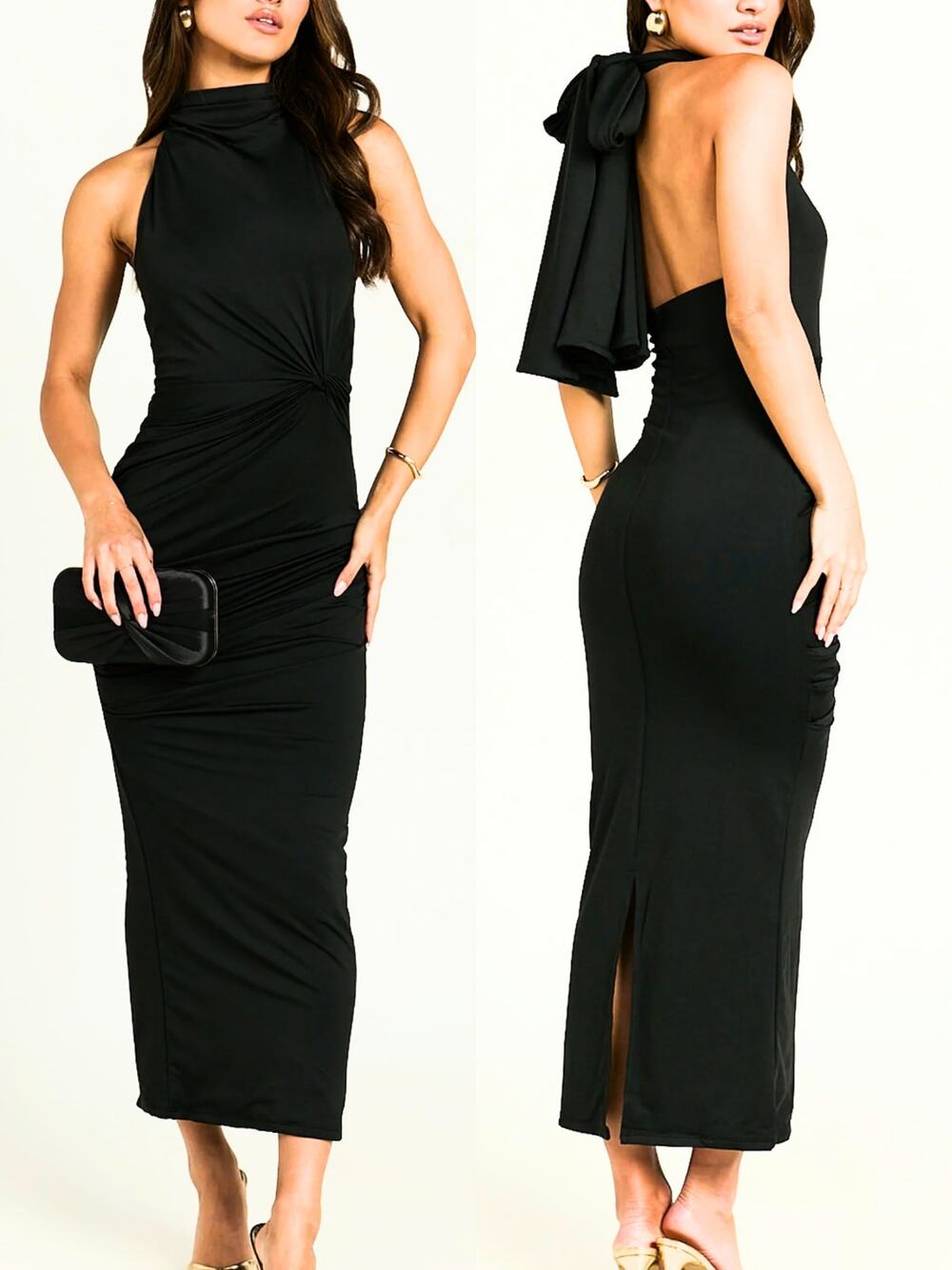 Showpo Black Halter Midi Dress Size 2 Pencil Fitted Stretch Cocktail Party